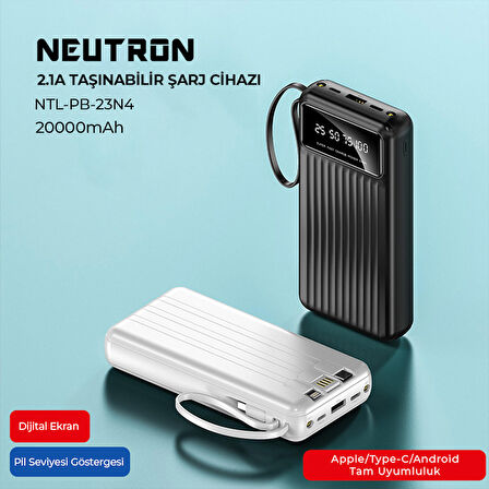 Powerbank 20000 mAh 2.1A Hızlı Dahili Çoklu Kablolu Taşınabilir Şarj Cihazı -Siyah - NTL-PB-23N4