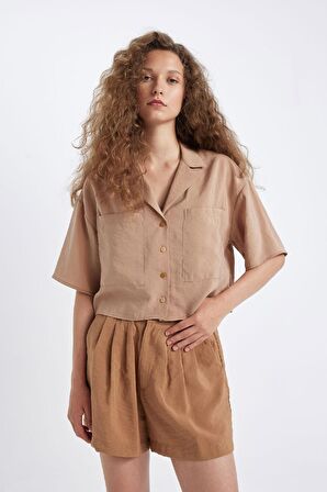 DeFacto Oversize Geniş Kalıp Pijama Yaka Modal Kısa Kollu Gömlek X7255AZ24HSBG138