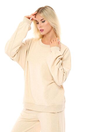 defy's Kadın Oversize Sweat Kol Detaylı Bej Melanj