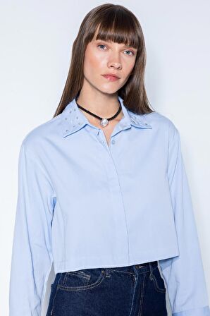 DeFacto Crop Basic Düz Düğmeli Dokuma Uzun Kollu Gömlek D4617AX24AUBE177