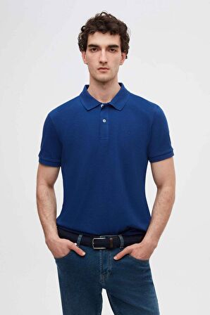 Regular Fit Saks Mavi Pike Dokulu %100 Pamuk Kıvrılmaz Polo Yaka Nakışlı T-shirt 4HC14ORT51000