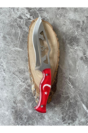 Kurt ve 3 Hilal Desenli 4116 Çelik Kamp & Av Bıçağı – Kırmızı Epoksi Ayyıldız Kabze, Özel Kılıflı