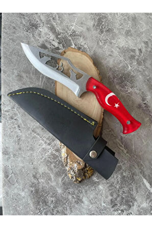 Kurt ve 3 Hilal Desenli 4116 Çelik Kamp & Av Bıçağı – Kırmızı Epoksi Ayyıldız Kabze, Özel Kılıflı