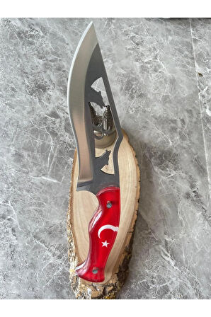 Kurt ve 3 Hilal Desenli 4116 Çelik Kamp & Av Bıçağı – Kırmızı Epoksi Ayyıldız Kabze, Özel Kılıflı
