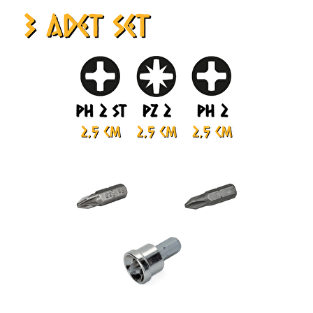 Kupa Tyson Bits Uç Seti 3 Parça - PH2 - PZ2 - PH2 Stoplu - 2.5 cm.