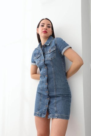 Kısa Kollu Önden Düğmeli Jean Elbise Mavi