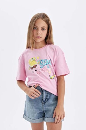 DeFacto Kız Çocuk SpongeBob Relax Fit Bisiklet Yaka Kısa Kollu Tişört C4829A824SMPN253