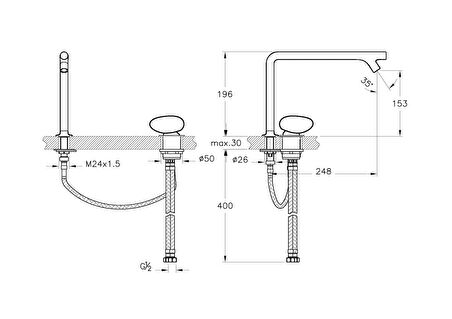 VitrA İstanbul A42304 Lavabo Bataryası, 2 Delikli Lavabolar için, Krom