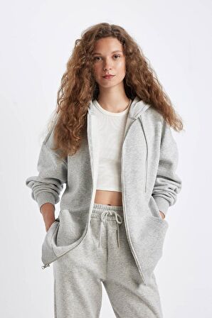 DeFacto Oversize Geniş Kalıp Kapüşonlu Cepli Basic Düz Fermuarlı Sweatshirt V4233AZ24WNGR256