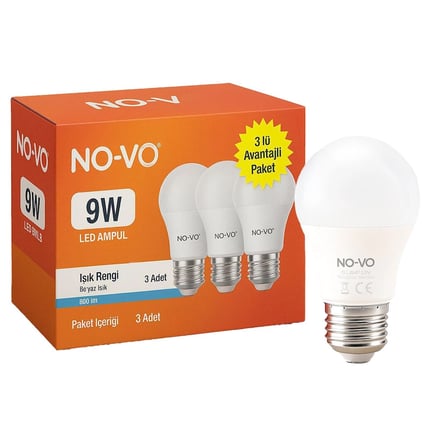 No-Vo 3Lü Avantaj Paket 9W Beyaz Led Ampul E27 806Lm 6500K 15.000 Saat Ömür
