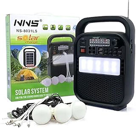 NS-8031LS Güneş Enerjili Radyolu Kamp Işığı Solar Kamp Lambası Bluetooth Hoparlör, Telefon Şarj Edebilme, 3 Adet Harici Ampul