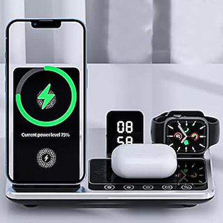 iPhone ile Uyumlu Kablosuz Şarj Cihazı 15W Qc Speed Dock İstasyon Magsafe ile Uyumlu 4in1 Watch ile Uyumlu Şarj ile Uyumlu Şarj Cihazı Gece Lambası Dijital Saat R11