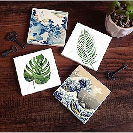 Pinecone Fuji Dağı, Büyük Dalga Japon Sanatı, Yaprak Taş Bardak Altlığı Koruyucu Altlık 4'lü Set 10x10cm SC367