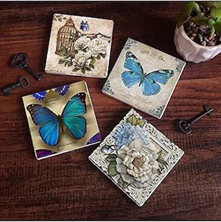 Pinecone Kelebekli Çiçek Taş Bardak Altlığı Masaüstü Koruyucu Altlık 4 Parça Set 10x10cm Stone Coasters SC454