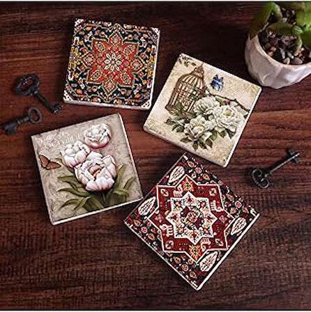 Pinecone Desen, Kelebekli Çiçek Taş Bardak Altlığı Masaüstü Koruyucu Altlık 4'lü Set 10x10cm Stone Coasters SC497