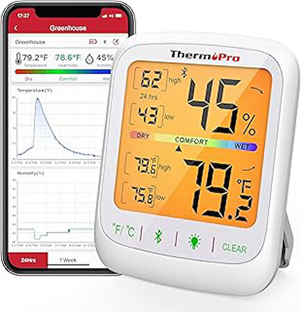 TP359 Bluetooth higrometre termometresi, 260FT kablosuz uzaktan sıcaklık ve nem monitörü, büyük arkadan aydınlatmalı LCD, iç mekan termometresi ve nem ölçer, maksimum minimum kayıt