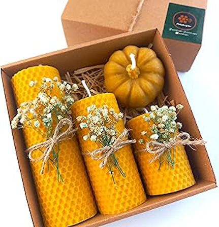 Petekoğlu Balmumu Mum Dekoratif Hediye Kutusu 4 Lü Set Doğal Petek Beeswax Candle Bal Kabağı