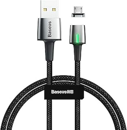 Zinc Magnetic, 2.4 A, USB-A & Micro USB Şarj & Data Aktarım Kablosu, Mıknatıs Uçlu & Işıklı, Hızlı Şarj, 1 Metre, Siyah, CAMXC-A01