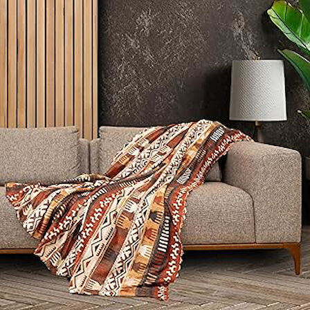 LATUDA CONCEPT SoftMicro Boho Etnik Desenli Mikrofiber Koltuk Örtüsü ve TV Battaniyesi, Koltuk Şalı, Kaymaz Toprak 130x180 cm