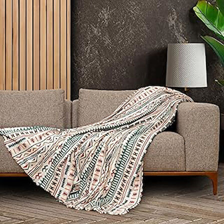 LATUDA CONCEPT SoftMicro Boho Etnik Desenli Mikrofiber Koltuk Örtüsü ve TV Battaniyesi, Koltuk Şalı, Kaymaz Turkuaz 130x180 cm