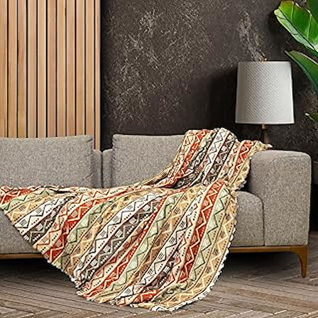 LATUDA CONCEPT SoftMicro Boho Etnik Desenli Mikrofiber Koltuk Örtüsü ve TV Battaniyesi, Koltuk Şalı, Kaymaz 130x180 cm