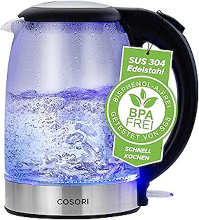 Cam Su Isıtıcısı, Geliştirilmiş Paslanmaz Çelik Filtre Ve Iç Kapak, Bpa Içermez, 1,7 Litre, Mavi Led’Li, Kuru Çalışma Koruması, 2200 Watt, Hızlı Isıtma’