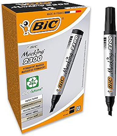 BIC Intensity Marker 2300 Kesik Uçlu Permanent Markör Siyah 12'li Kutu, 3,7 mm ile 5,5 mm Kalın Uç, Kapağı 1 Ay Açık Kalsa da Kurumayan Mürekkep