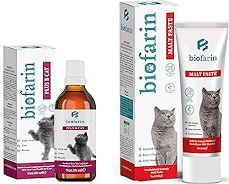 biofarin Kediler İçin Tüy Yumağı Önleyici Malt Macun100Gr + Tüy Sağlığı Damlası 50 ML Plus B Cat 2li Set - Kedi Vitamini