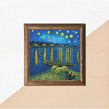 Pinecone Vincent van Gogh Ren Nehri’nde Yıldızlı Bir Gece Taş Duvar Tablosu Ahşap Çerçeveli Duvar Dekoru Wall Art 25x25cm W1-293