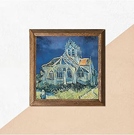 Pinecone Vincent van Gogh Auvers'deki Kilise Taş Duvar Tablosu Ahşap Çerçeveli Duvar Dekoru Wall Art 25x25cm W1-289