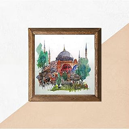 Pinecone İstanbul Ayasofya Taş Duvar Tablosu Ahşap Çerçeveli Duvar Dekoru Wall Art 25x25cm W1-90