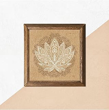 Pinecone Lotus Çiçeği Taş Duvar Tablosu Ahşap Çerçeveli Duvar Dekoru Wall Art 25x25cm W1-178