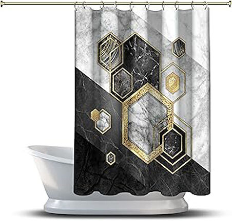 Assos Home Banyo Duş Perdesi Tasarım Dekor Siyah Sarı Geometrik Altıgen Şekil Desen Dijital Baskılı En 175 cm 175cm X 180cm