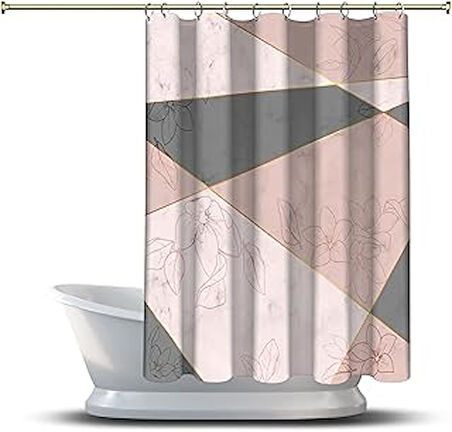 Assos Home Banyo Duş Perdesi Tasarım Dekor Pembe Gri Bej Çiçek Efekt Dijital Baskılı En 175 cm 175cm X 200cm