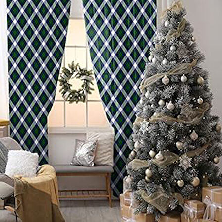 Henge Home Baskılı Fon Perde Noel Yılbaşı Tartan Ekose Desen Yeşil Laci Beyaz Renk Çift Kanat : 300cm X 220cm