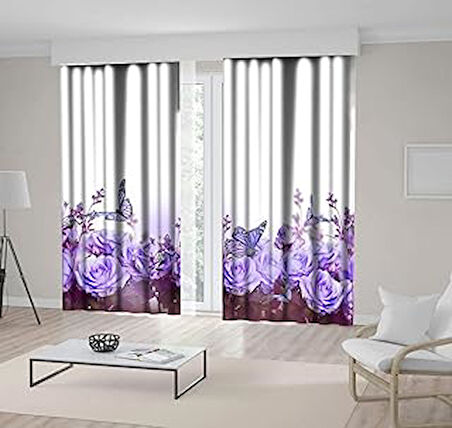 Henge Home Baskılı Fon Perde Mor Gül Ve Etkili Bahar Çiçeği Desenli Çift Kanat : 300cm X 255cm