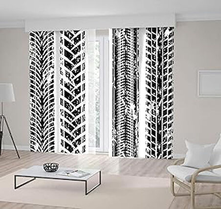 Henge Home Baskılı Fon Perde Lastik İzi Deseni Siyah Beyaz Çift Kanat : 300cm X 220cm