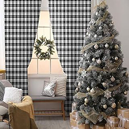 Henge Home Baskılı Fon Perde Noel Yılbaşı Siyah Beyaz Tartan Küçük Ekose Tek Kanat : 150cm X 160cm