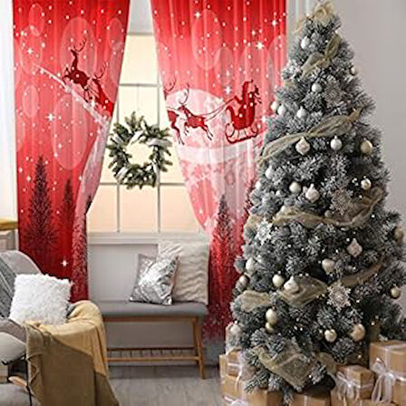 Henge Home Baskılı Fon Perde Kırmızı Gece Ağaçlar Üzerinde Uçan Kızaklı Noel Baba Çift Kanat : 300cm X 160cm