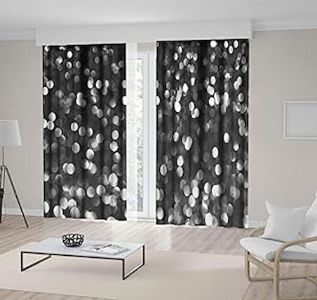 Henge Home Baskılı Fon Perde Bokeh Etkisi Siyah Beyaz Yuvarlak Desenli Çift Kanat : 300cm X 220cm