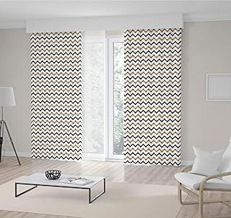 Henge Home Baskılı Fon Perde Zigzag Siyah Altın Çizgili Dekoratif Tek Kanat : 150cm X 275cm