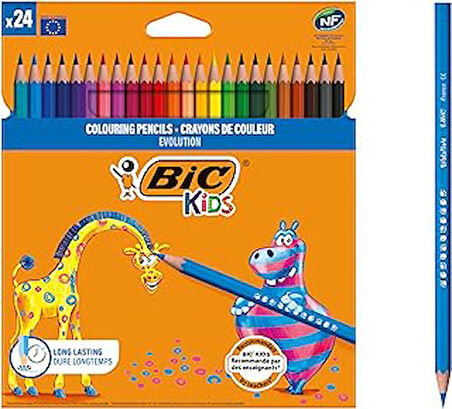 BIC Kids Evolution Kuru Boya Kalemi, 24'lü Kutu, Kıymık Oluşturmaz, Çiğnemeye Karşı Dayanıklı, Kolay Açılır