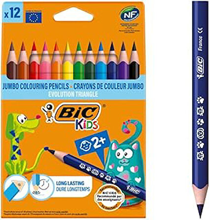 BIC Kids Evolution Üçgen Kuru Boya Kalemi, 12'li Kutu, 2 Yaş ve Üzeri Çocuklar için İdeal, Kıymık Oluşturmaz, Çiğnemeye Karşı Dayanıklı