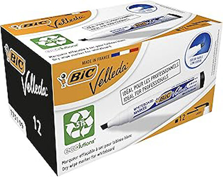 BIC Velleda 1751 Eco Kesik Uçlu Beyaz Tahta Kalemi, Siyah, 12'li Kutu, 3,7 mm ile 5,5 mm Kalın Uç,Kuru Silinebilir Mürekkep