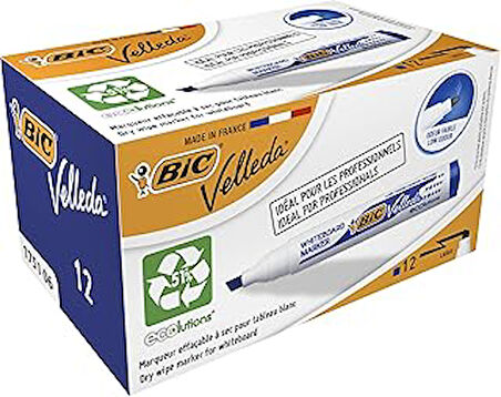 BIC Velleda 1751 Eco Kesik Uçlu Beyaz Tahta Kalemi, Mavi, 12'li Kutu, 3,7 mm ile 5,5 mm Kalın Uç,Kuru Silinebilir Mürekkep