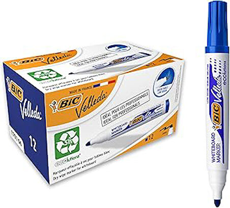 BIC Velleda 1701 Eco Yuvarlak Uçlu Beyaz Tahta Kalemi, Mavi, 12'li Kutu, Kolay Silinebilen Mürekkep, Sabit Yuvarlak Uç