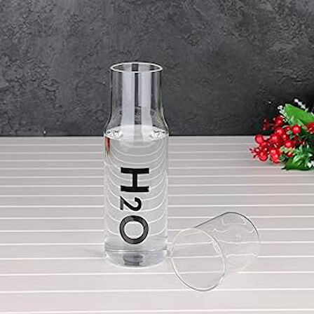 600 ml H2O Cam Kapaklı Başucu Sürahi ve 200 ml Cam Bardak Meşrubat Sürahisi Karaf Cam Şişe