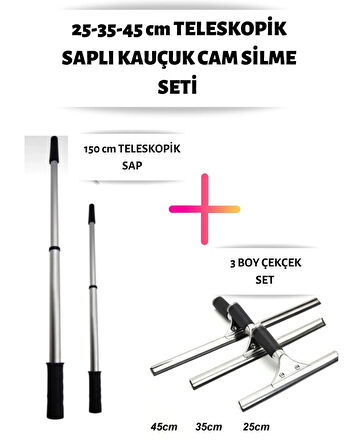 Cam Silme Seti Teleskopik Saplı 3 Boy Çekçek Silecek 1,5 Metre Metal Sap Pratik Kullanışlı Pencere Yıkama
