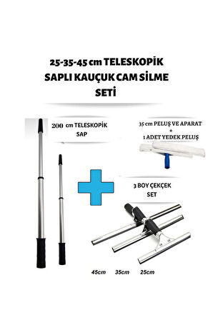 Cam Silme Seti 3 Boy Çekçek 2 Metre Metal Teleskopik Sap 35 Peluş Ve 1 Yedek Pratik Kullanışlı
