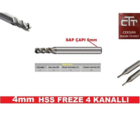 4 Mm Hss Freze 4 Ağızlı Sap Kısmı 6 Mm Kutulu